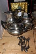 Silver plated teapots, jug, two-handled bowl and cased cutlery, together with loose silver cutlery.