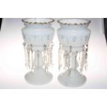 Pair Victorian opaque glass lustres with clear glass drops, 36cm high.