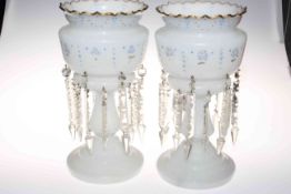 Pair Victorian opaque glass lustres with clear glass drops, 36cm high.