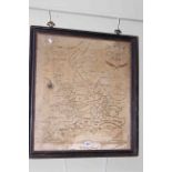 Antique embroidered silkwork map of England and Wales, 56cm by 50cm, in glazed frame.