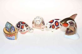 Five Royal Crown Derby paperweights including fish, Noah's Ark, turtle, pig and bulldog.