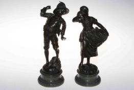 Pair bronzes of playful boy and girl, on marble bases and signed Mayer, 27cm.