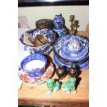 Oriental wares including prunus ginger jar, Imari plate, Copeland blue and white pottery,