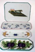Wemyss canted corner tray decorated with tongs in fire and three Wemyss pin trays (4).