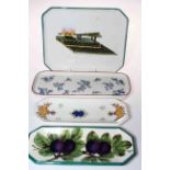 Wemyss canted corner tray decorated with tongs in fire and three Wemyss pin trays (4).