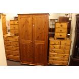 Pine double door wardrobe, five drawer chest, eight drawer chest,