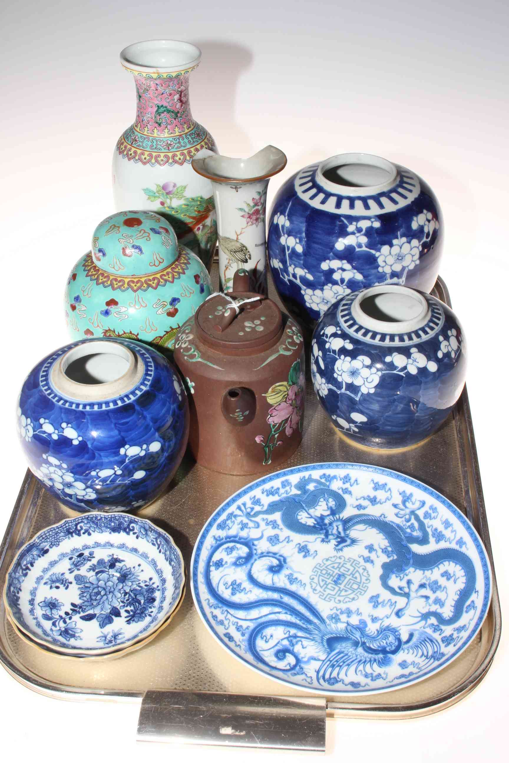 Tray lot with Chinese porcelain, including ginger jars, Yixing teapot, etc.