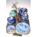 Tray lot with Chinese porcelain, including ginger jars, Yixing teapot, etc.