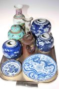 Tray lot with Chinese porcelain, including ginger jars, Yixing teapot, etc.