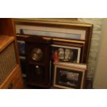 Ten framed prints and c1920/1930 oak wall clock.