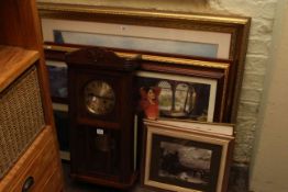 Ten framed prints and c1920/1930 oak wall clock.