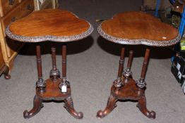 Pair Victorian style mahogany triform occasional tables,