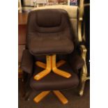Stressless style adjustable swivel chair and footstool in brown faux leather and Lazboy reclining