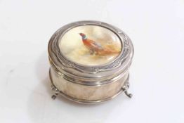 Silver ring box with Royal Worcester inset painted with pheasant and signed by Stinton,