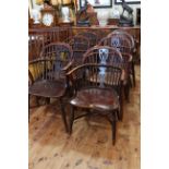 Good set of eight Windsor yew and elm pierced splat back elbow chairs with crinoline stretchers.