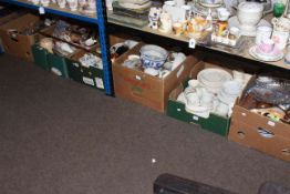 Seven boxes of glass and china, enamel bread bin, metalwares, Yamaha keyboard, etc.