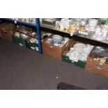 Seven boxes of glass and china, enamel bread bin, metalwares, Yamaha keyboard, etc.