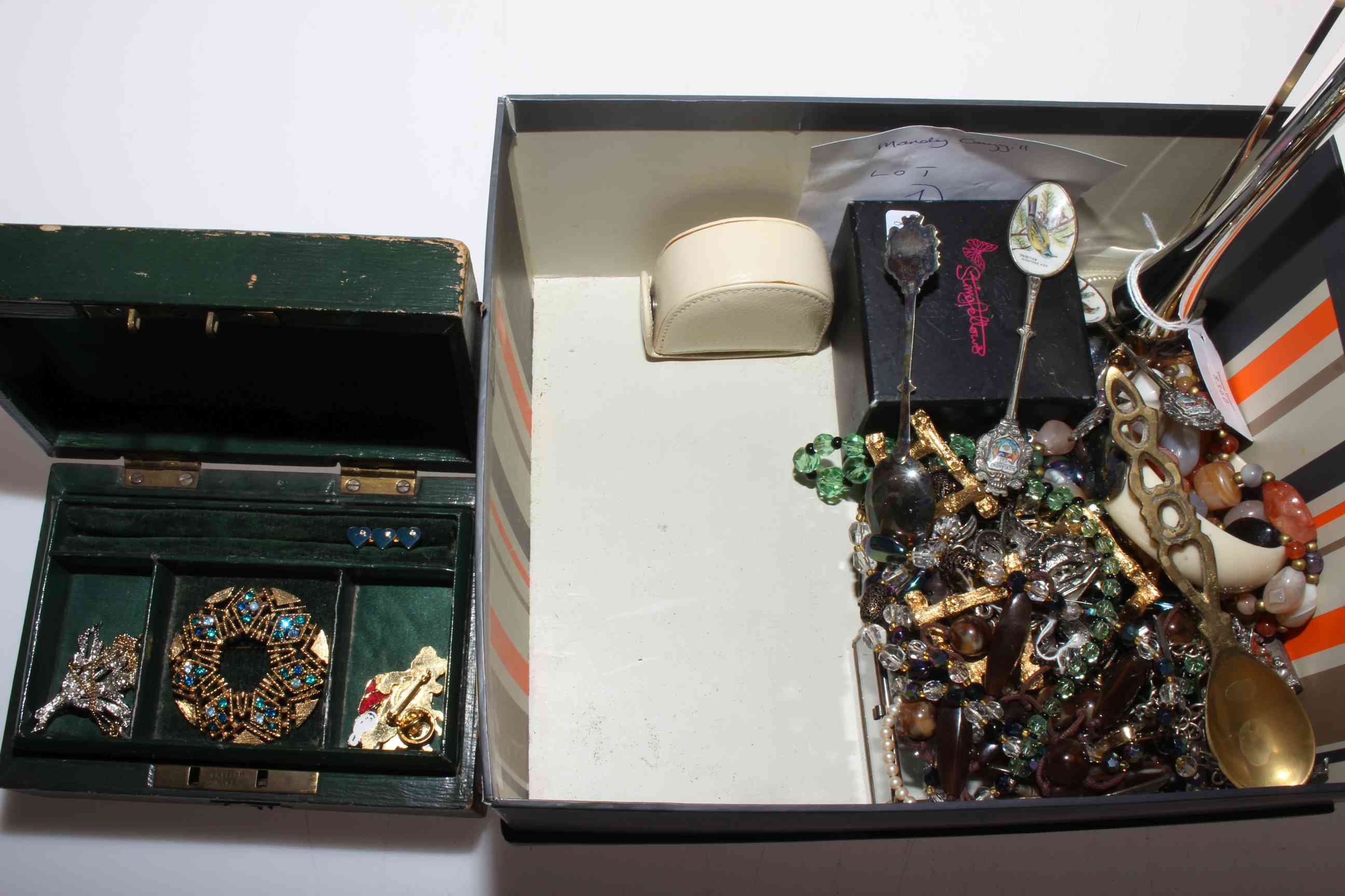 Box of jewellery, enamel spoons, etc.