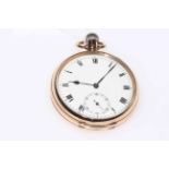 9 carat gold gents keyless pocket watch, hallmarked for Birmingham 1918.