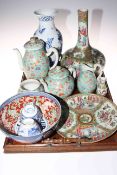 Tray lot of Chinese porcelain including Canton bottle vase, tea and coffee set,