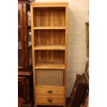Slim hardwood two drawer open bookcase, 191cm by 60cm.