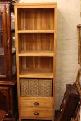 Slim hardwood two drawer open bookcase, 191cm by 60cm.