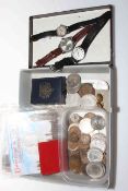Box of coins and three gents wrist watches.