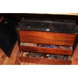Six drawer tool cabinet and contents including planes, chisels, etc, 71cm by 48cm by 28cm.
