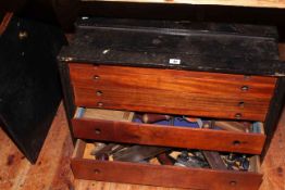 Six drawer tool cabinet and contents including planes, chisels, etc, 71cm by 48cm by 28cm.