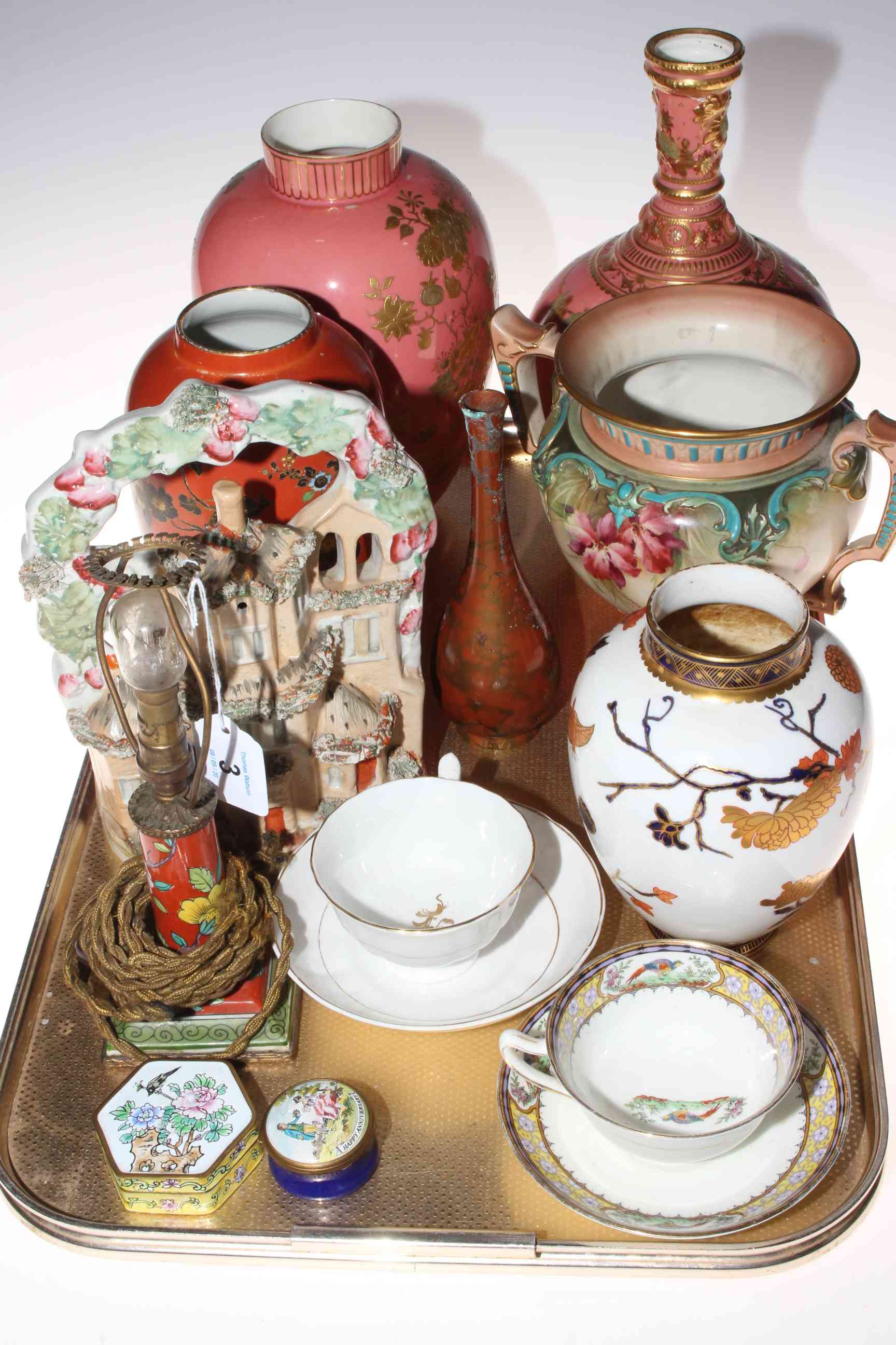 Tray lot with decorative china, including Hadley's Worcester vase, Carlton vase, etc.