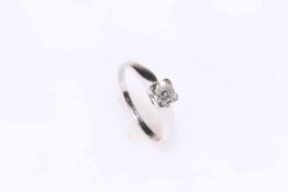 Solitaire diamond ring set in 9 carat white gold, clarity VS1, size O.