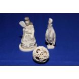 Two small Japanese whale bone carvings of geisha and sage and concentric circles carving (3).