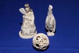 Two small Japanese whale bone carvings of geisha and sage and concentric circles carving (3).