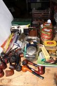 Collection of wooden and clay pipes, pipe stands, tins, lighters, cigarette cases and boxes.