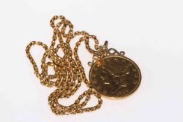 Gold 1904 twenty dollar coin, mounted and with 9 carat gold muff chain, 75cm length.