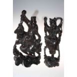 Two Chinese hardwood carved figures with silver inlay.