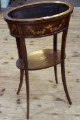 Late 19th Century oval inlaid mahogany jardiniere stand with undershelf on splayed legs,