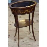 Late 19th Century oval inlaid mahogany jardiniere stand with undershelf on splayed legs,