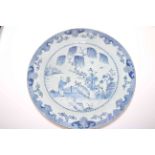 19th Century Chinese blue and white plaque decorated with figures in landscape bearing twin stamps