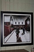 Lou Harris original work, Sledge, with teddy bear and figures in street scene, signed, framed,