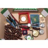 Box collection of pens, watches, pocket watches, coins, beads etc.