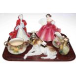 Two Royal Doulton ladies, four pieces of Hadley's Worcester and USSR hound.