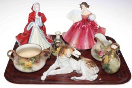 Two Royal Doulton ladies, four pieces of Hadley's Worcester and USSR hound.