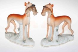 Pair 19th Century Staffordshire greyhounds with rabbits, 19cm.