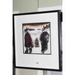 Lou Harris Limited Edition Print, Sledging, edition number 6/15, framed, overall 32 by 32cm.