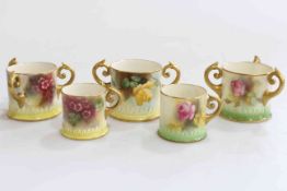 Collection of five Royal Worcester/Hadley miniature loving cups and mugs,