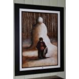 Lou Harris original work, Snowman, with small child in amazement, signed, framed,