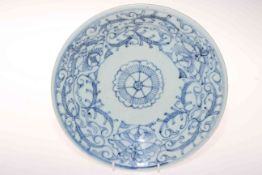 Antique Chinese blue and white dish with naive decoration, 26cm diameter.