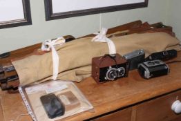 WWII British Army field cot, cameras including Brownies, Voigtlander Perkeo, Traveller,