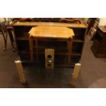 Oak open bookcase, vintage coffee table and contemporary glass entertainment stand (3).